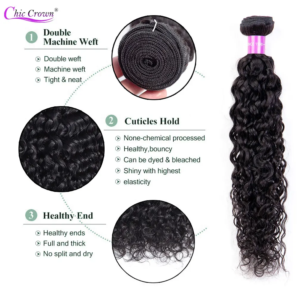 Водные волнистые пучки с закрытием 100% человеческих волос Плетение 3 пучка