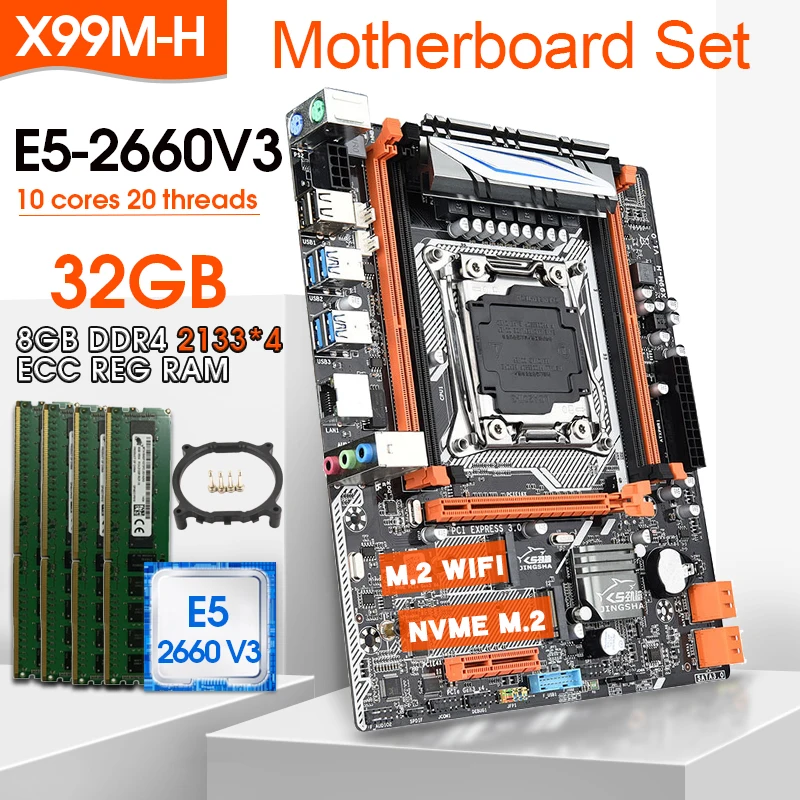 

X99 Motherboard KIT with Xeon E5 2660 V3 LGA2011-3 CPU 4PCS * 8GB = 32GB DDR4 RAM 2133MHz DDR4 memory REG ECC RAM nvme m.2