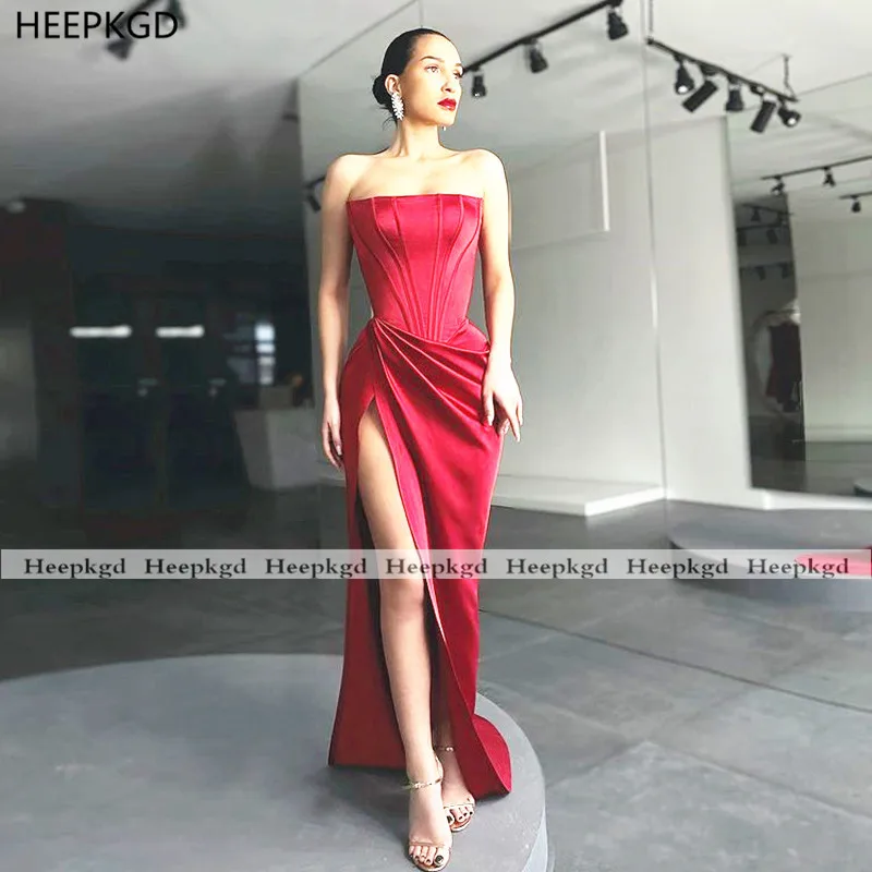 

Long Red Sexy Evening Dress Strapless High Slit Pleats Satin Backless 2021 Maxi Women Formal Gowns Evening Vestido De Festa
