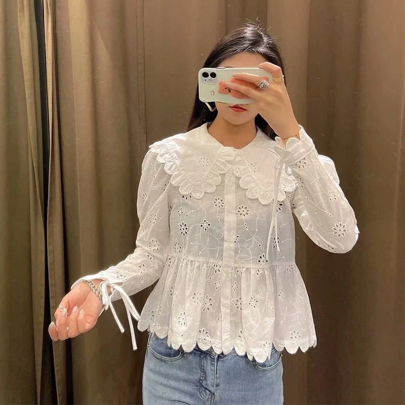 

2021 Sweet Peter Pan Collar Lace-up Long Sleeve Women Blouses Hook Flower Hollow Solid Shirts Ruffles Patchwork Casual Blusas