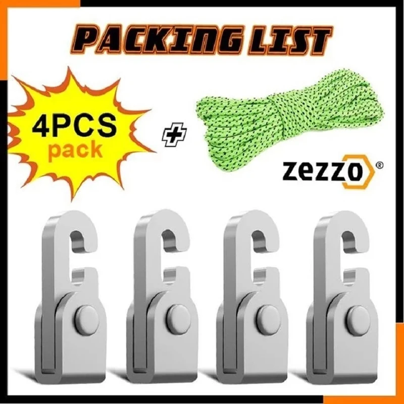 

Zezzo® Automatic Lock Hook Self-locking Free Knot Easy Tighten Rope Kit For Camping Tent Accessories 4pcs Hooks with 1pc 6m Rope