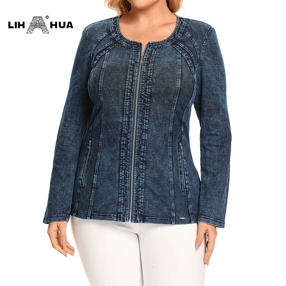 

LIH HUA Women's Plus Size Casual Fashion Denim Jacket Woman Premium Stretch Knitted Denim with shoulder pads