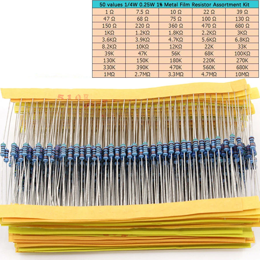 

500pcs/lot 50 values 1/4W 0.25W 1% Metal Film Resistor Assortment Kit Set 1R-10mR 1ohm-10Mohm resistor samples kit