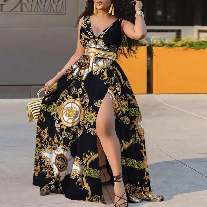 

Maxi Dress 2022 VONDA Sleeveless V Neck Vintage Floral Print Beach Dress Women High Split Hem Long Robe Bohemian Vestidos Femme