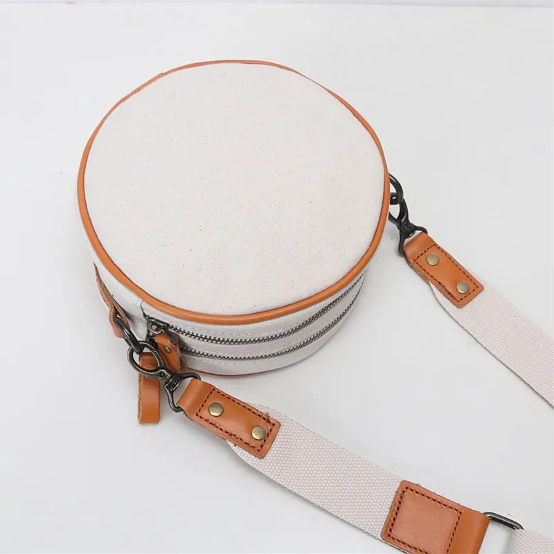 Original Cotton Canvas Circular Crossbody Bag Women's Bags Vintage Casual Cowhide Shoulder Small Round Bag Fashion Travel Purses