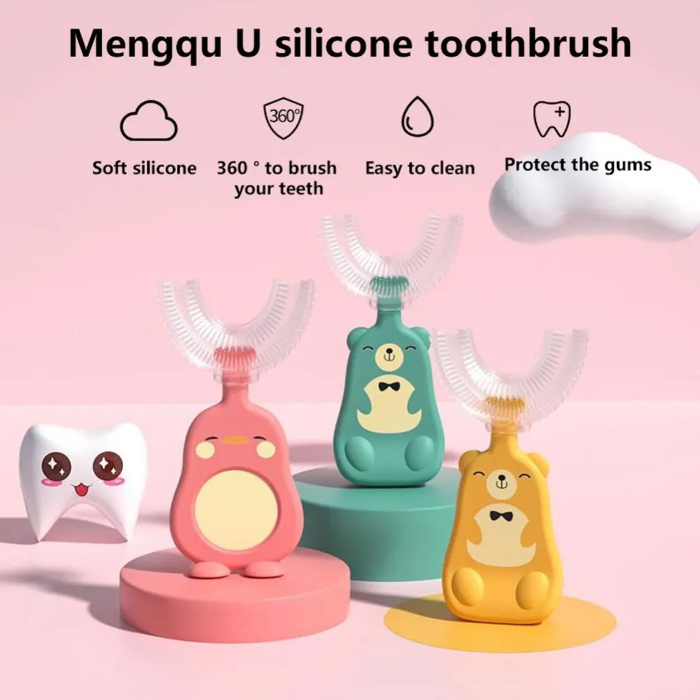 U-shaped Toothbrush Children with Cartoon Pattern Bear Penguin Handle Manual Toothbrush Kids U Silicone Safety Teeth Tooth Brush images - 6