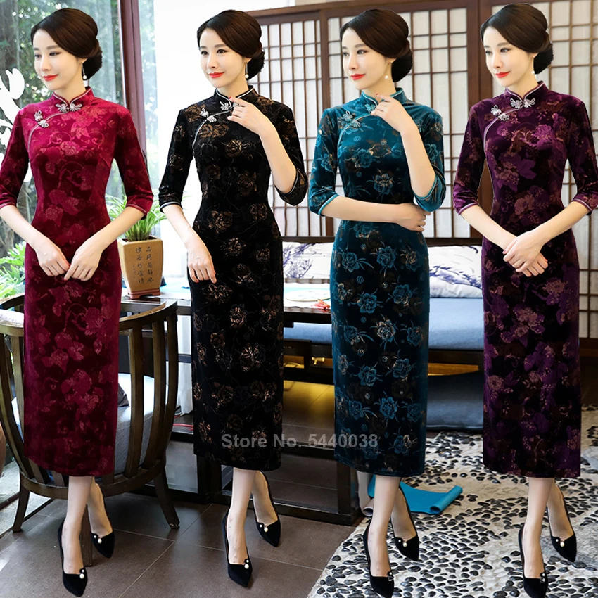 Женское бархатное платье с цветочным принтом облегающее Ципао полурукавами и