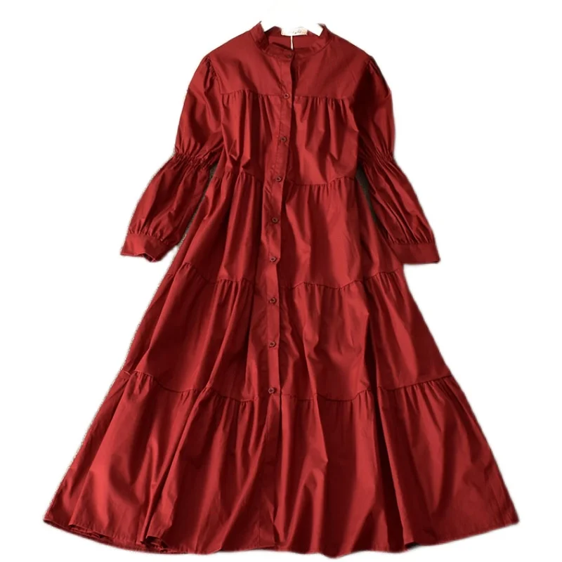 

All-match temperament pure color simple dress autumn Korean fashion long-sleeved thin breasted long skirt female