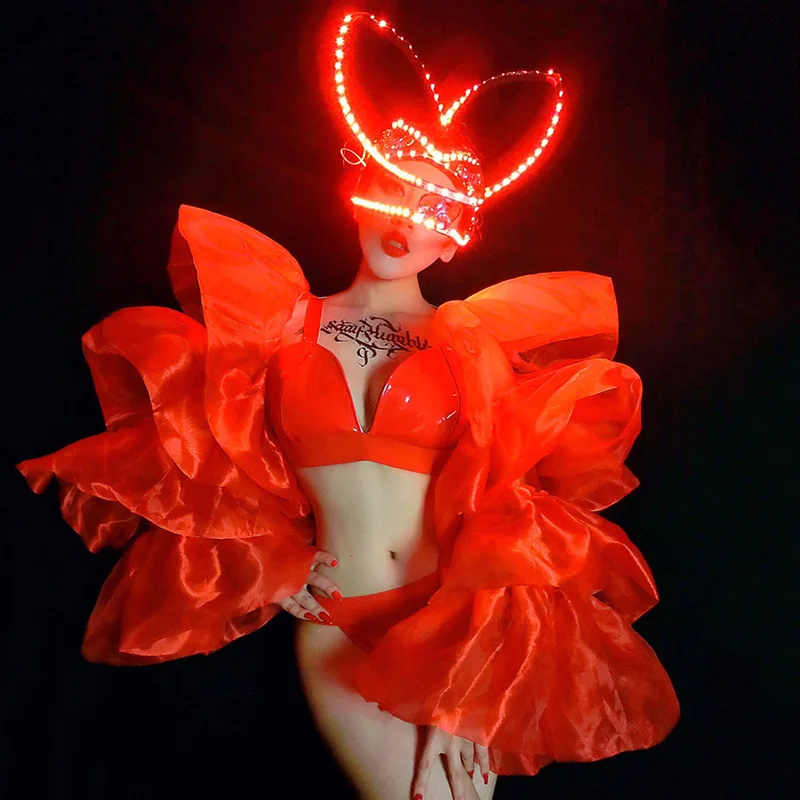 Nightclub Bar Female Singer Valentine'S Day Red Led Luminous Headdress Big Sleeve Bikini Suit Dj Ds Performance Clothing DN5902 |