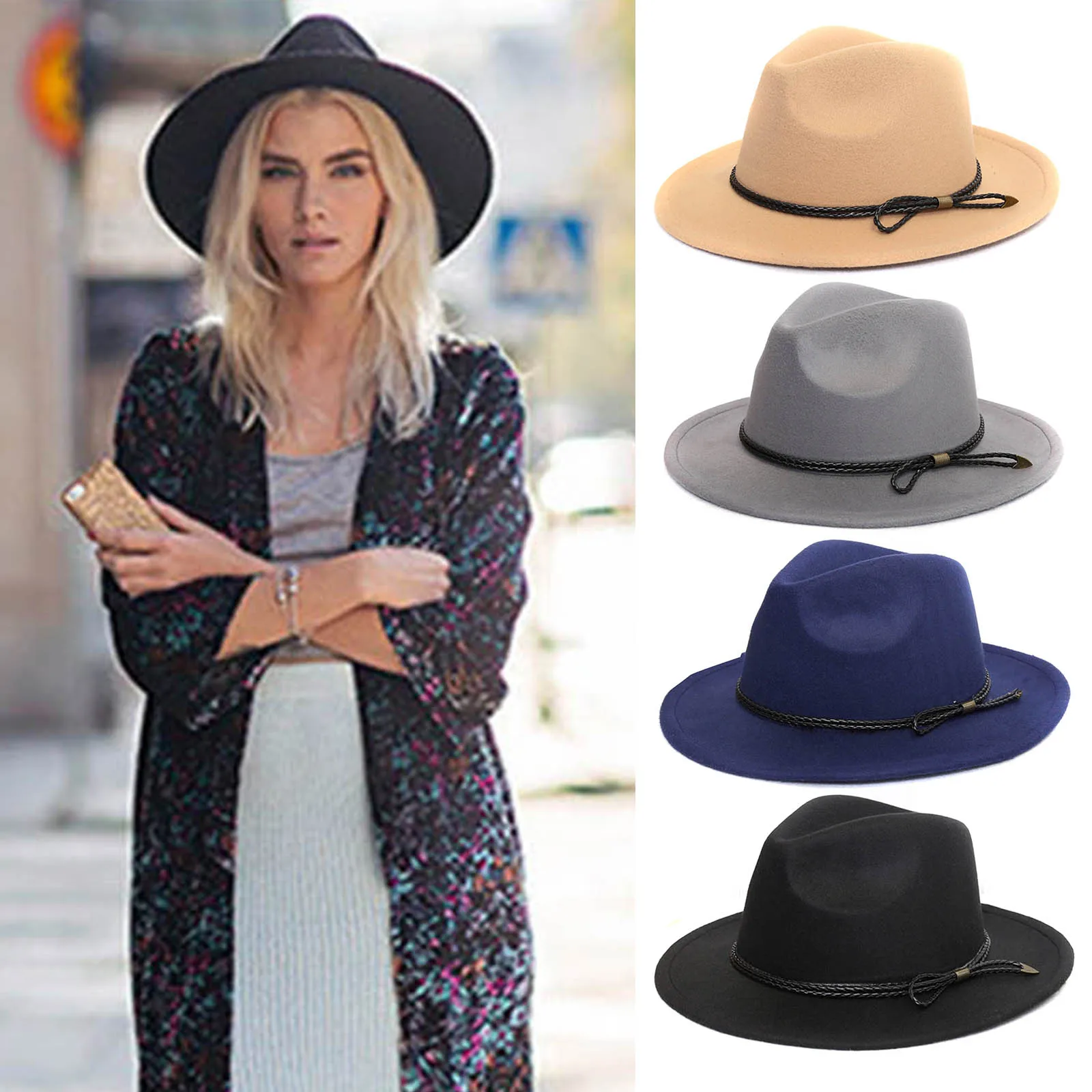 

Stylish Retro Top Hat Crushable Wool Felt Hats Wide Brim Belt Cap for Man Women JL