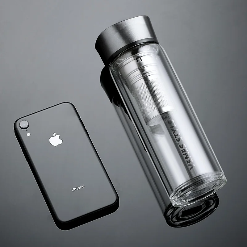 Двойная стеклянная бутылка для воды с чайной перегородкой из нержавеющей стали