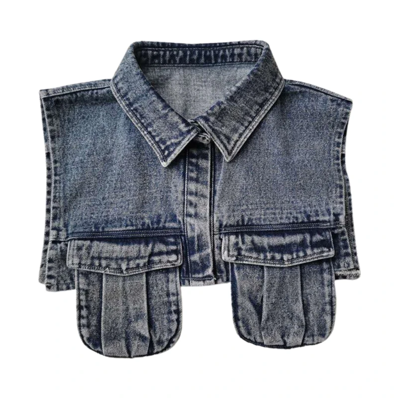 

New Women Washed Denim Vest Sleeveless Waistcoat Jacket Lapel Fake Collar Dickey