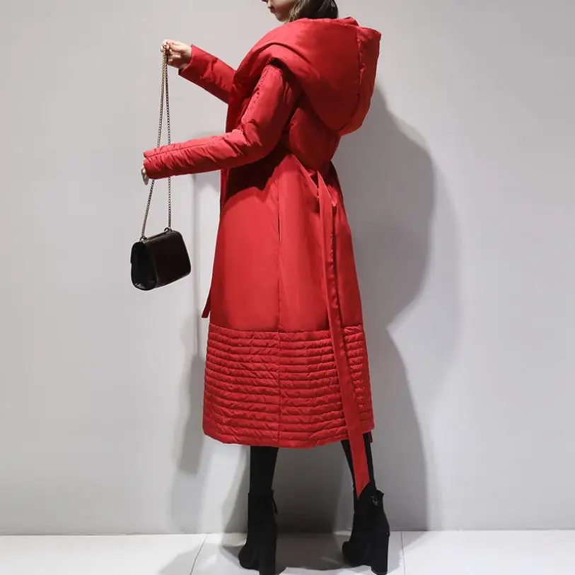 Зимние толстые теплые пальто выше колена с капюшоном на утином пуху женская