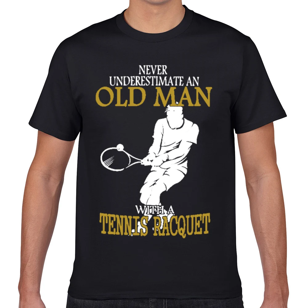 

Tops T Shirt Men old man with tennis racquet Design Black Geek Short Male Tshirt XXXL