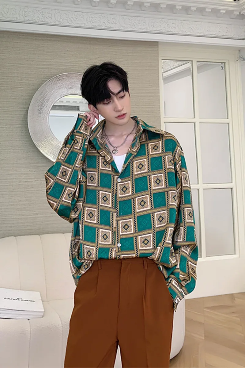 

2020 Spring And Autumn New Youth Pop Full-print Long-sleeved Shirt Fashion Casual Wild Single-breasted Shirt Green M-XL
