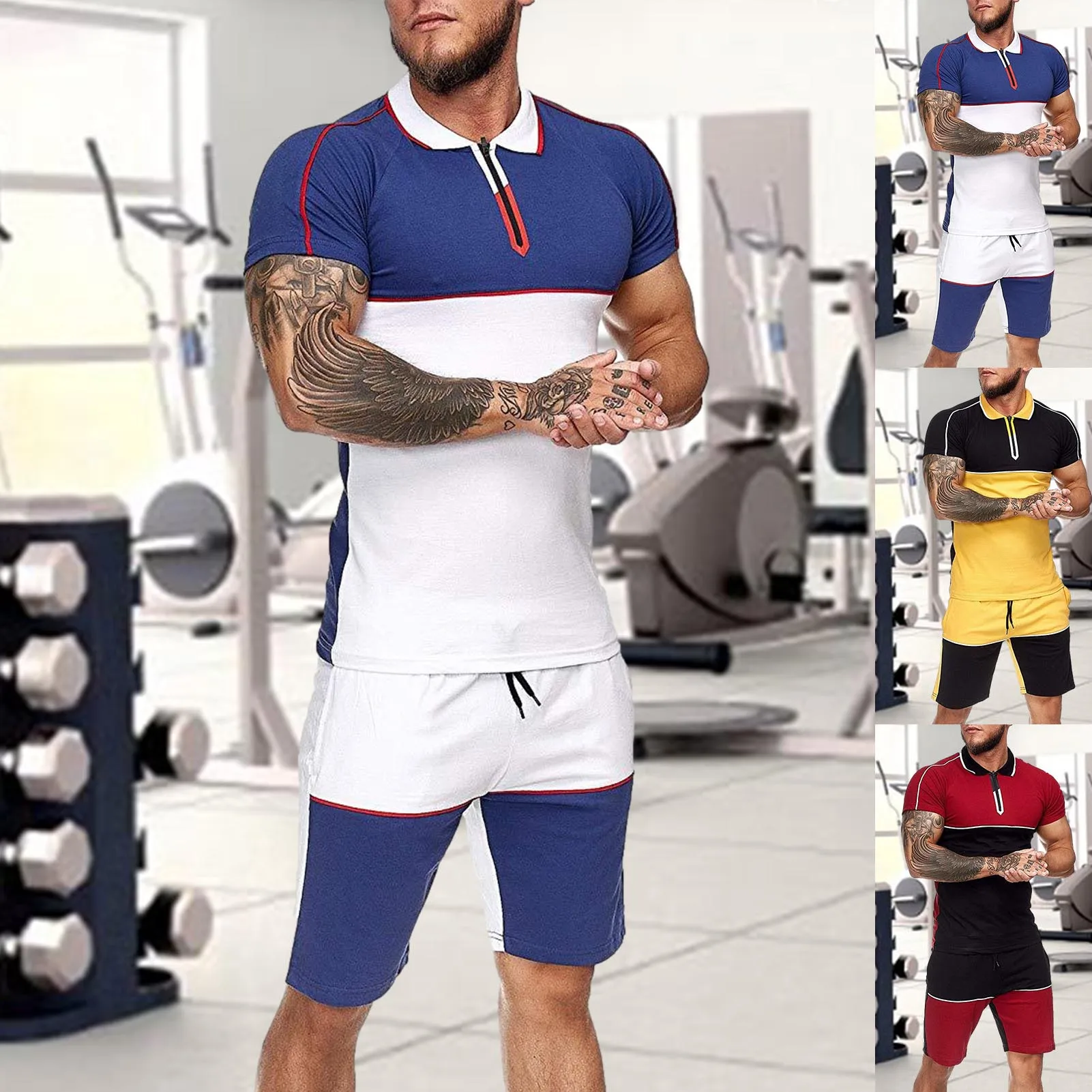 

Men's summer 2-piece men's shorts suit fashion suit men's sportswear zipper contrast casual jogging fitness suit