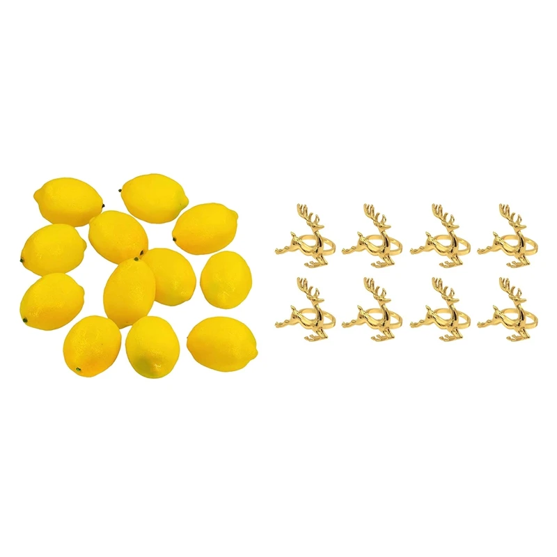 

12Pcs Artificial Lemons Fake Fruit Yellow & 8X Napkin Rings,Gold Elk Chic Napkin Rings