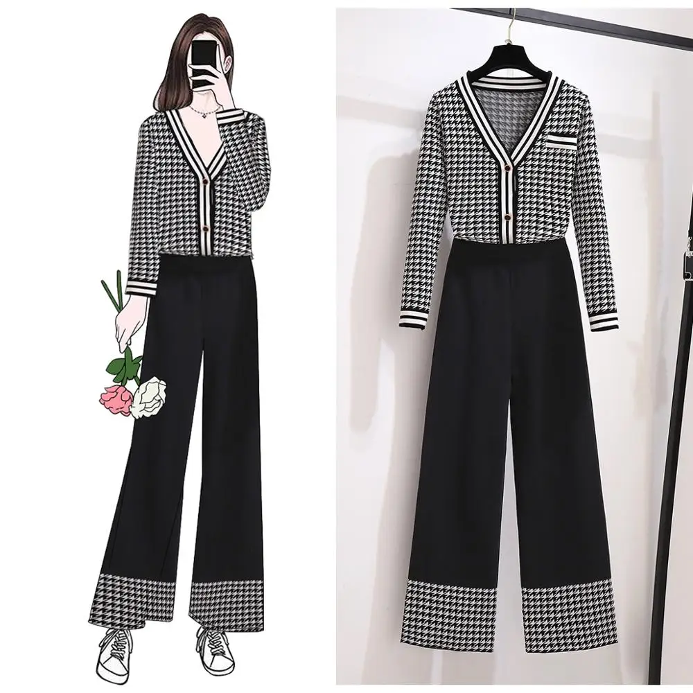 Plaid Knit Two Piece Suit Women Set Wide Legs Pants Outfits Long Sleeve V Neck Houndstooth Cardigans Woman's Knitted |