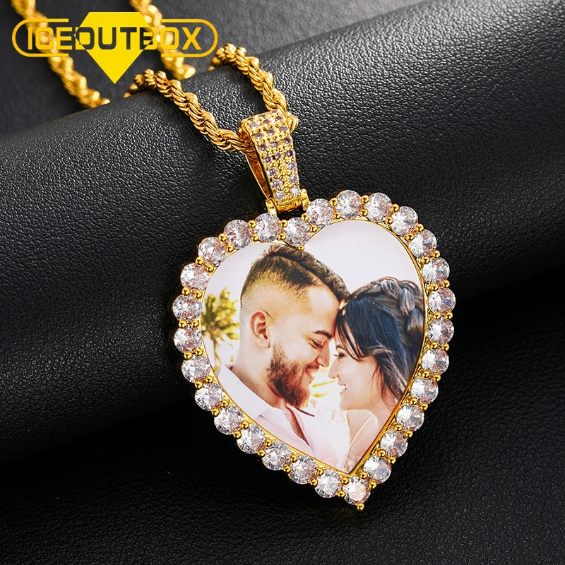 

New Rotated Heart Love Memory Picture Baguette Necklace & Pendant CZ Stone Micro Pave Charm Mens Hip Hop Jewelry Unique Gifts