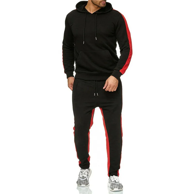 

2 Pieces Sets Tracksuit Men Fashion New Brand Autumn Winter Hooded Sweatshirt Drawstring Pants Male Stripe Patchwork Hoodies