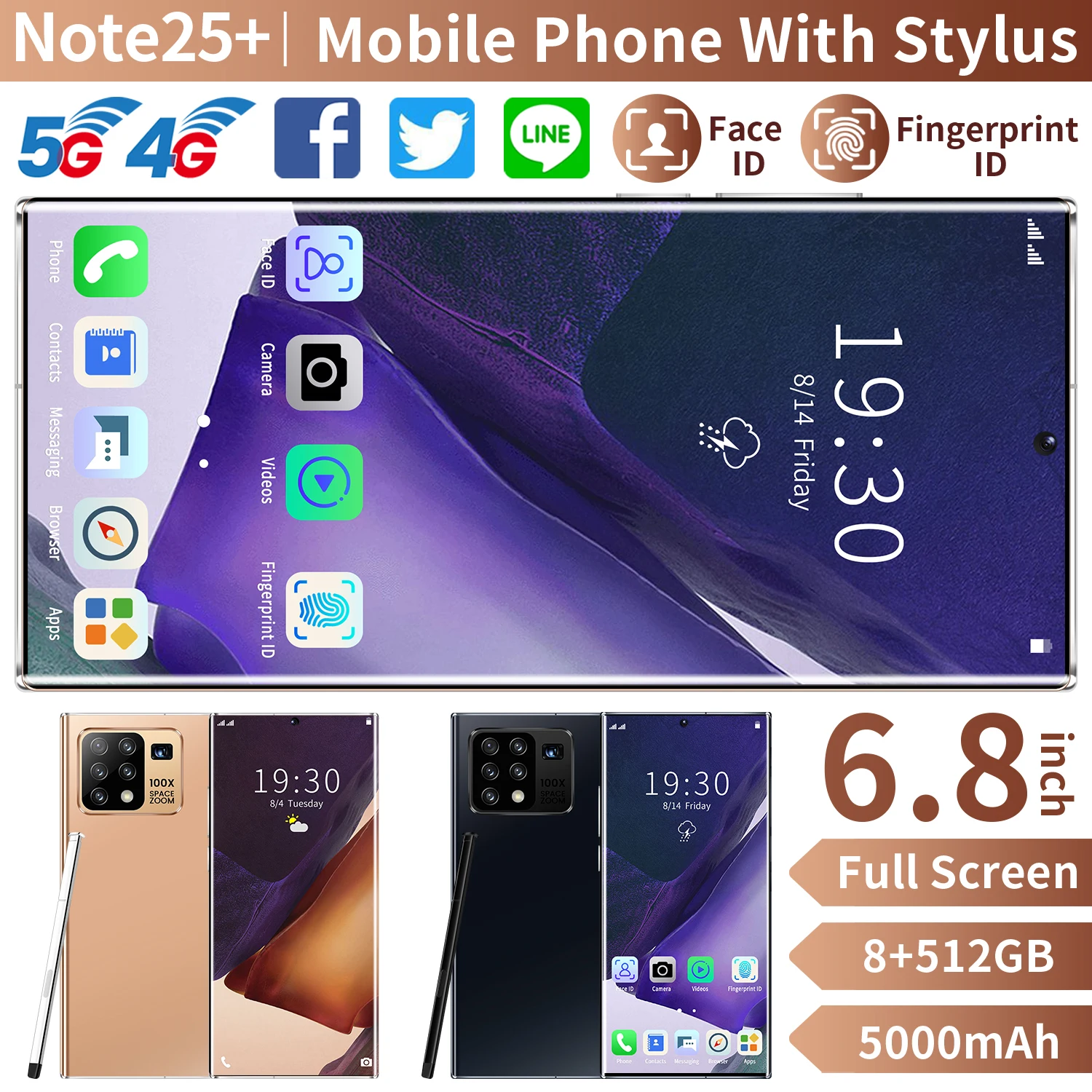 

6.8inch Note25+ Battery 5000mAh Face ID 10 Core 8GB+512GB 16MP+32MP Cell phone Android 10 5G With Stylus Finger ID MTK 6889