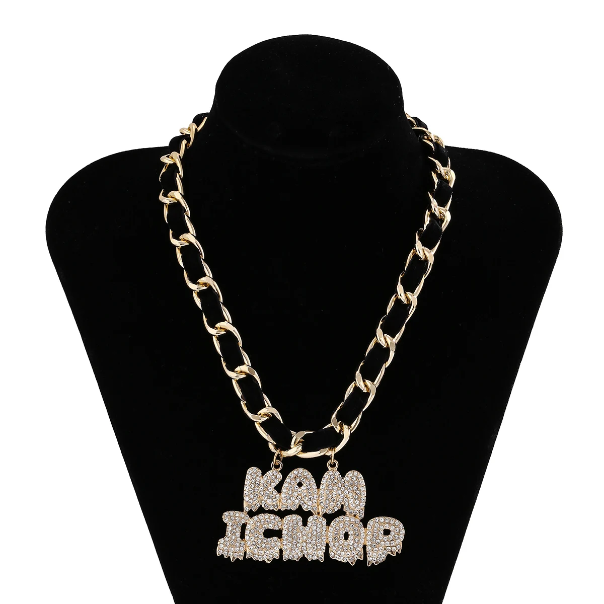 

KunJoe Bling Iced Out Letters Pendant Necklace Gold Color Cuban Link Chain Rapper Rhinestone Necklace Hip Hop Charm Jewelry Gift