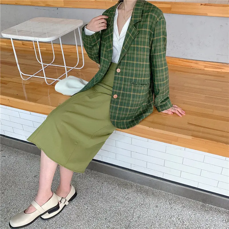 

HziriP Green Plaid All Match Casual Women 2019 New Loose Chic Fresh Streetwear Fashion Elegant Office Lady Full-Sleeved Blazers