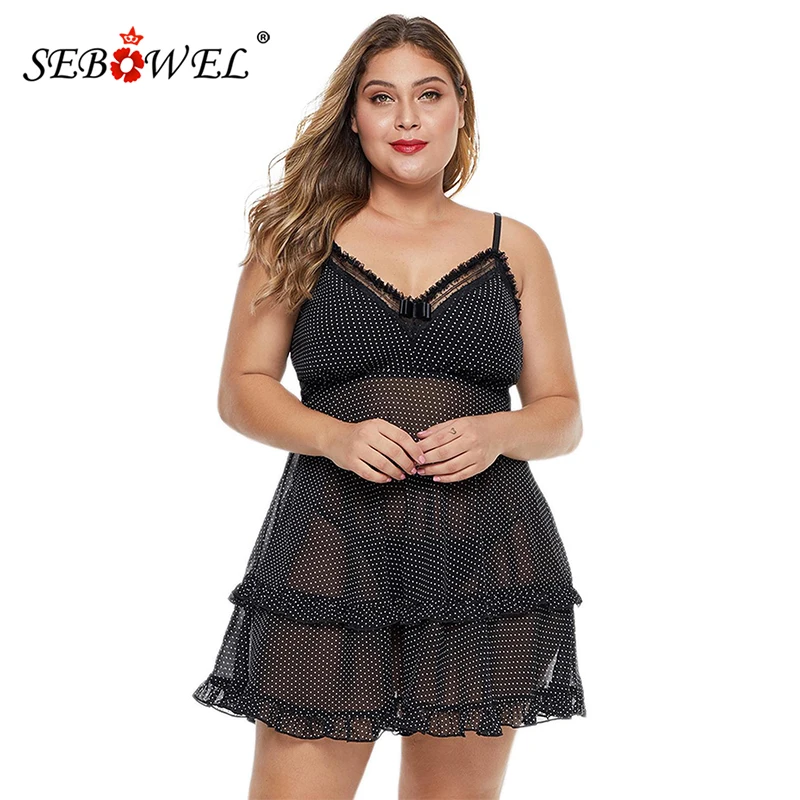 SEBOWEL с принтом в горошек рюшами размера плюс Babydoll женское черное сексуальное