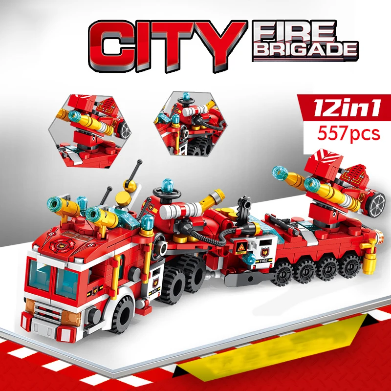 

557pcs Fire Fighting 12 in1 Trucks Car Helicopter Boat Building Blocks City Firefighter Bricks children Toys for children