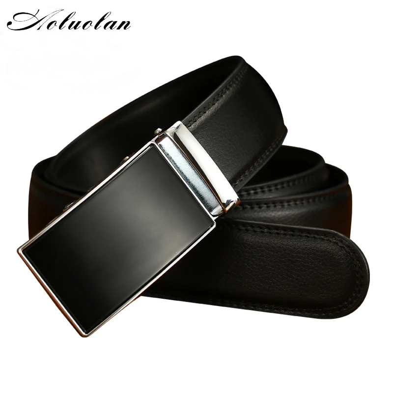 Aoluolan men's leather belt, pure black automatic buckle men's leather business belt, black automatic leisure belt.