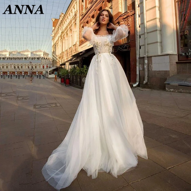 

ANNA-BEAUTY Store Elegant 2021 Hot Sale Puff Sleeve Sweetheart Lace 3D Flower Wedding Dresses A Line Tulle Boho Long For Women