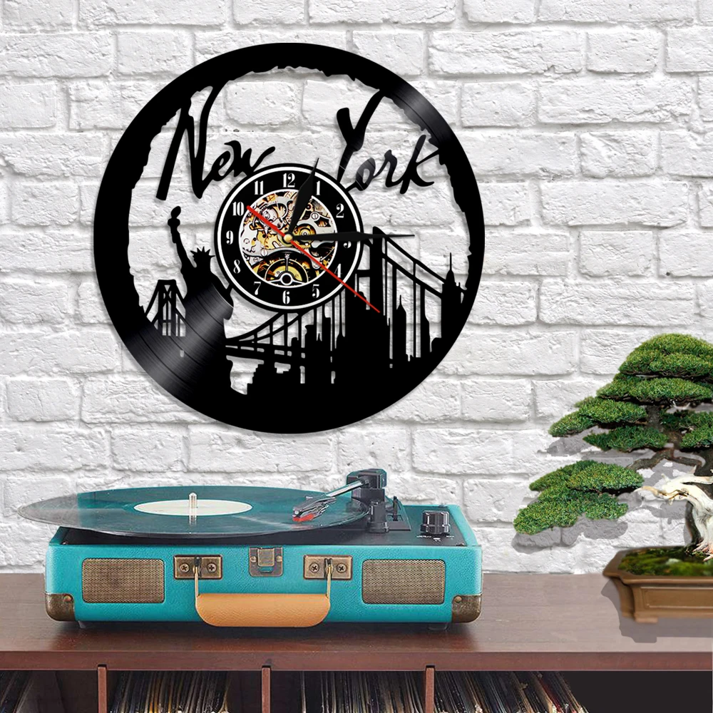 Нью Йорк настенные часы городской пейзаж виниловая Запись Современный горизонт