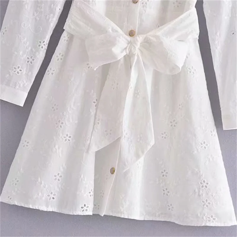 

PUWD Sweet Women White Hollow Out Embroidery Shirt Dress 2021 Summer Fashion Female Sashes Mini Dresses Ladies High Waist Dress