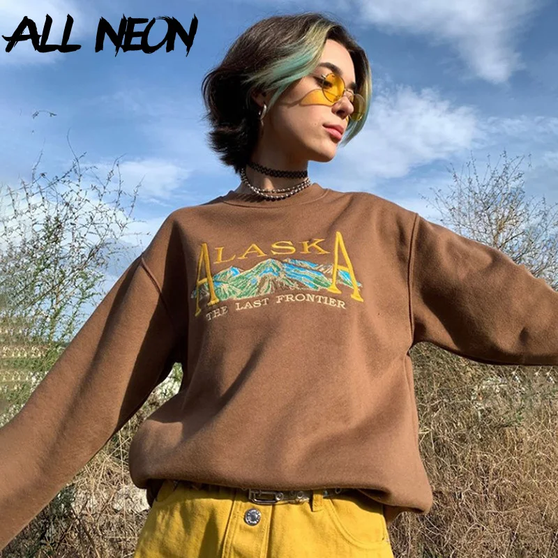 

ALLNeon Indie Aesthetics Vintage Letter Embroidery Crewneck Brown Tops Fashion Oversize Long Sleeve Sweatshirts Egirl Outfits