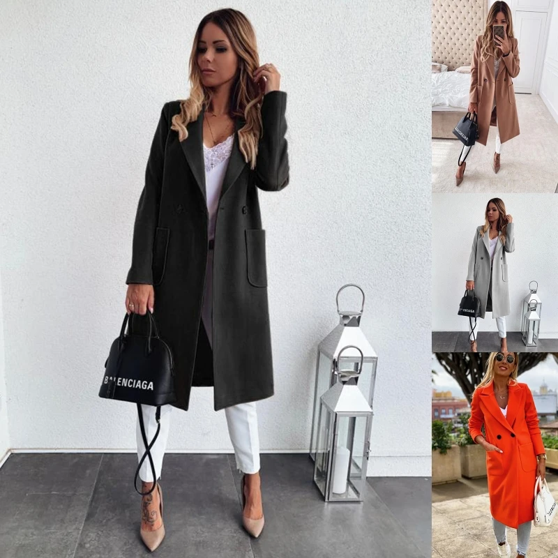 Женская шерстяная куртка с длинным рукавом однотонное двубортное приталенное