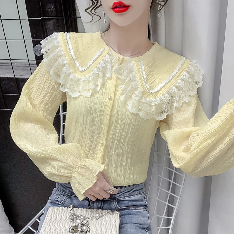 #2020 белая желтая кружевная офисная рубашка с воротником Питер Пэн женские