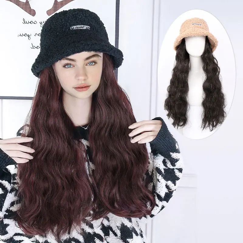 High Temperature Fiber Synthetic Knitted Fisherman Bucket Hat Long  Curly Wig  Natural Fake Hair for Women Sun Hat