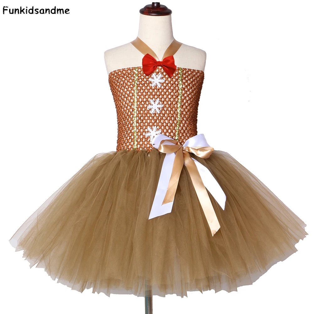 Gingerbread Man Girls Tutu Dress Brown Bow-knot Kids Christmas Party Dresses Tulle Children Carnival Halloween Costume | Детская одежда