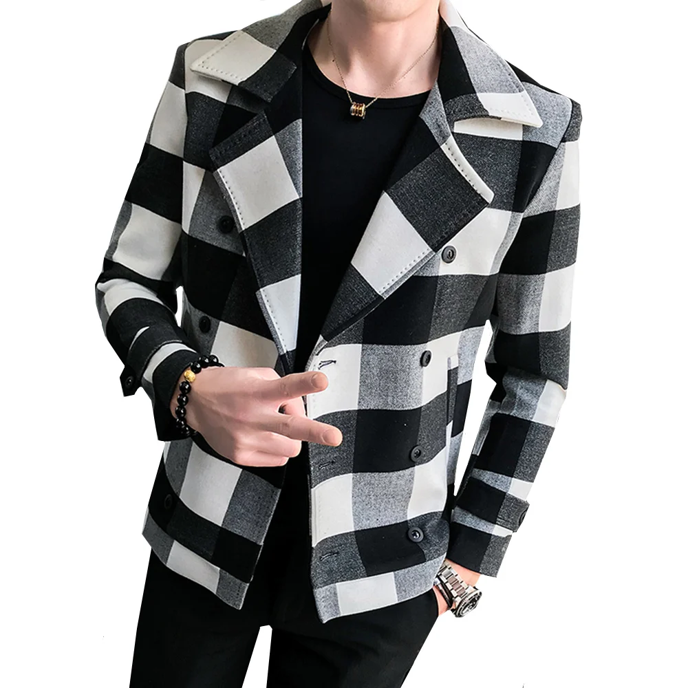 

2019 new coat men's short Slim plaid windbreaker male Casual double-breasted British handsome woolen coat Plus Size M-5XL