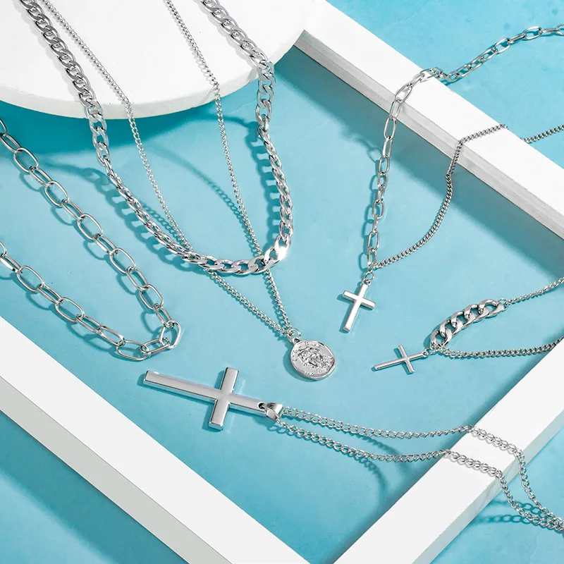 

ZWC Fashion Silver Pendant Necklace For Women Heart Cross Women's Neck Chain Punk Thick Choker Female Necklace Jewelry 2021 Gift