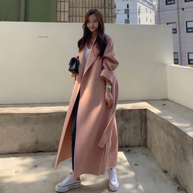 

Autumn And Winter 2021 South Korea Ins Double-sided Cashmere Coat Women's Medium And Long Loose Side Slit Wool Tweed Coat