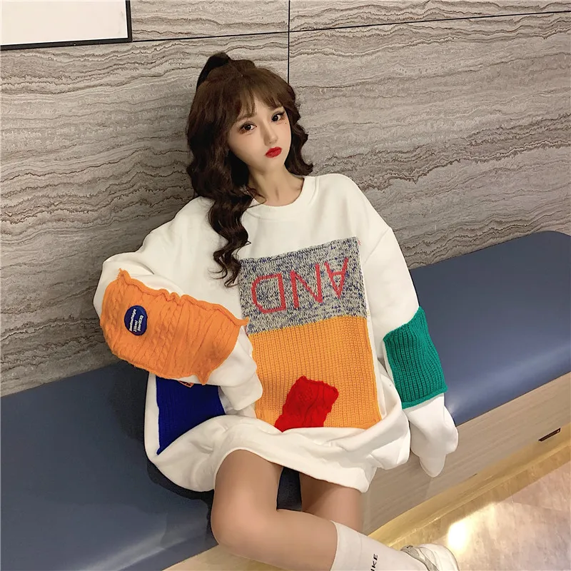 

XZ1122 2021 New design contrast color knitted stitching loose mid-length hoodless long-sleeved Sweatshirts