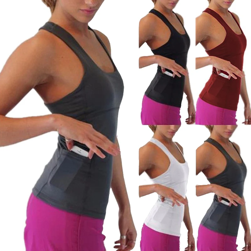 Женский спортивный жилет для тренажерного зала с карманом телефона топы фитнеса