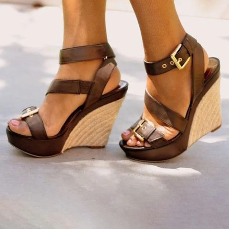 

Lzxgsj Women Ins Hot Wedge Heel Sandals Summer Casual Hemp Weaving Light Platform Pu Leather Ankle Buckles Female Shoes