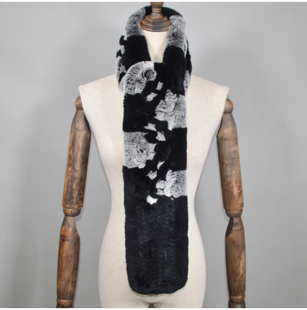Winter Long Style Women Real Rex Rabbit Fur Scarf Rex Rabbit Fur Warm Soft Ring Scarfs High Quality Knit Rabbit Fur Scarves