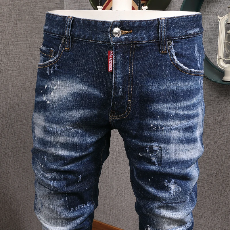 Italian Brand Fashion Men Jeans High Quality Retro Blue Elastic Slim Fit Ripped Jeans Men Distressed Designer Casual Denim Pants