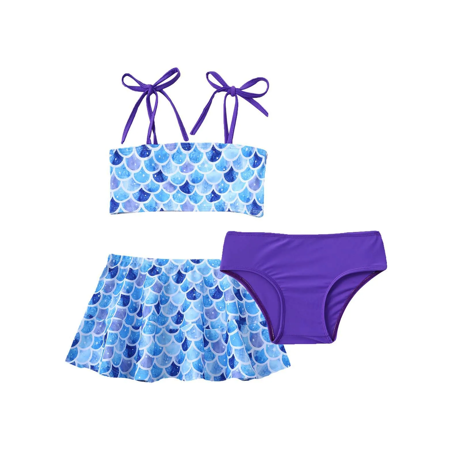3Pcs Teen Girls Brazilian Swimsuits Summer Swimming Suit Straps Tube Tops with Skirt and Briefs Set Beach Swimwear Bathing Suits