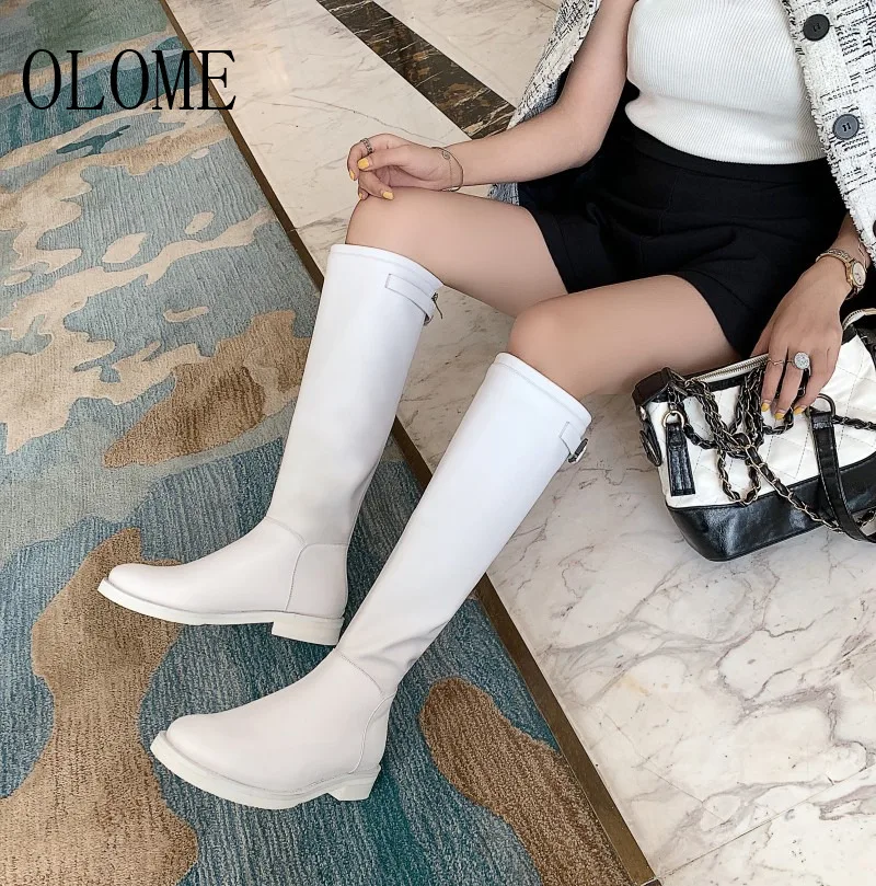 OLOME, новые модные красивые женские сапоги до колена черного и белого цвета женские осенне-зимние сапоги на низком толстом каблуке с круглым носком и молнией сзади