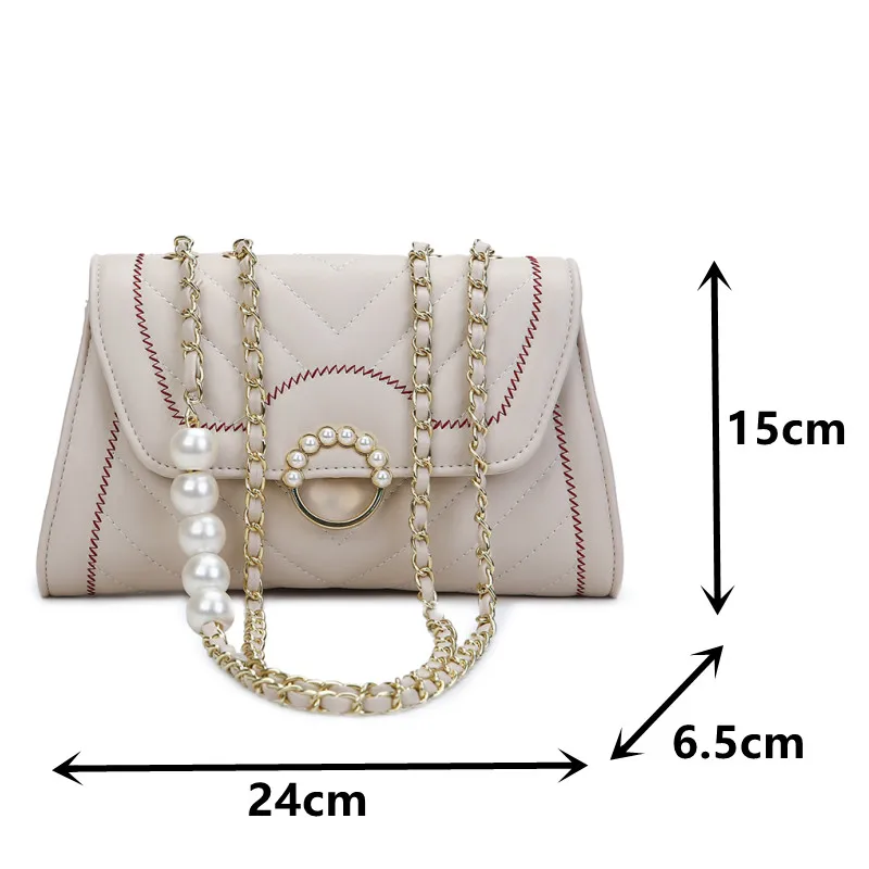 

V-line Chain Crossbody Bags for Women Luxury Leather Shoulder Bag Embroidery Thread Messenger Bag Female Pearl Quilted Handbags