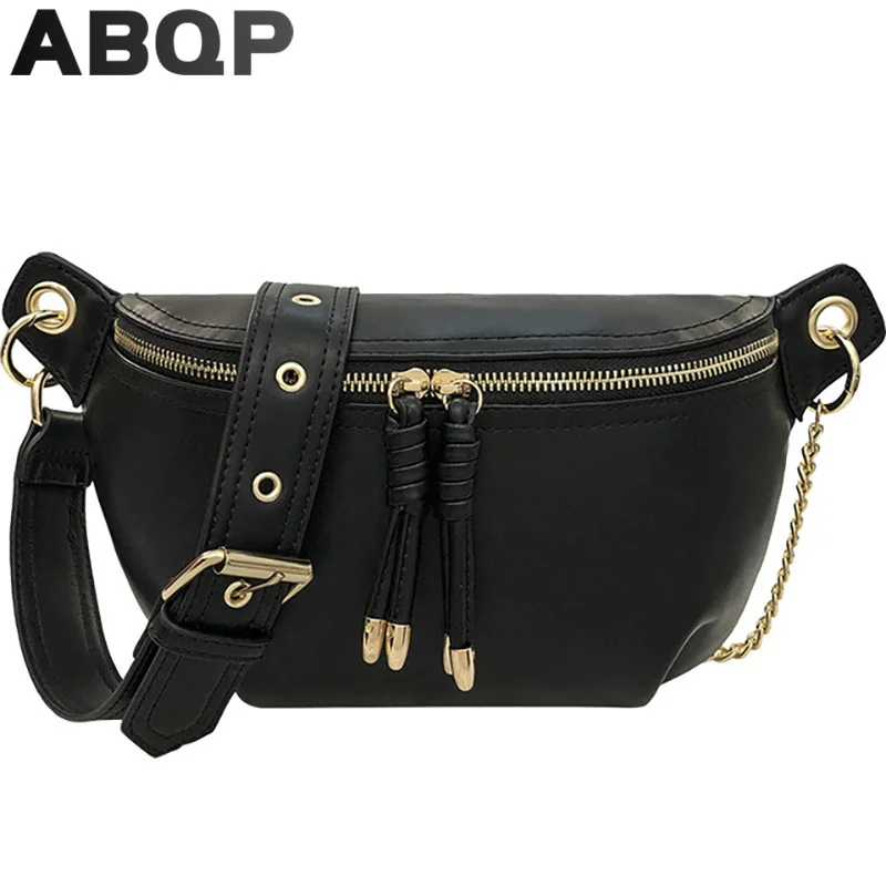 

ABQP Leather Women Belt Bag Designers Metal Chains Female Waist Bag Large Capacity PU Leather Fanny Pack For Women